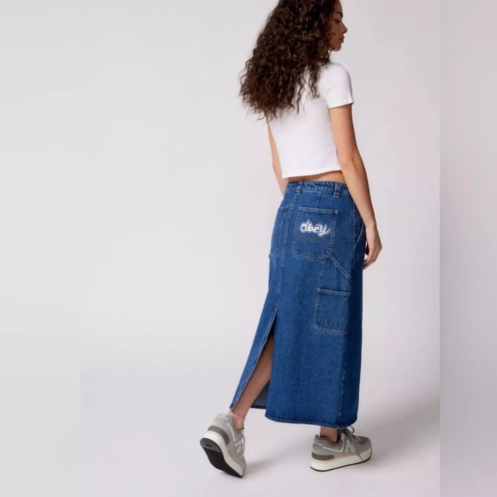 Obey 100% Cotton Juniper High Waist Loose Fit Pockets  Midi Denim‎ Skirt NWOT 26
